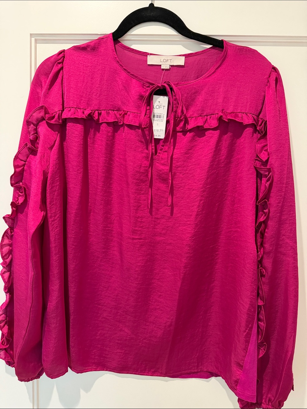 LOFT Hot Pink Ruffle Tie-Neck Long Sleeve Blouse